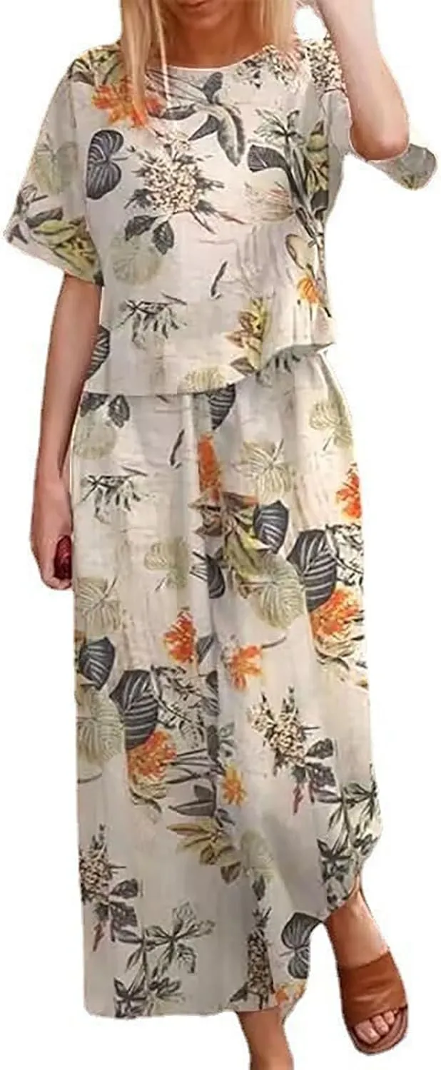 Women's 2 Piece Outfits Linen Short Sleeve Casual Sets Crewneck Tops Wide Leg Pants Summer Plus Size Lounge Suits