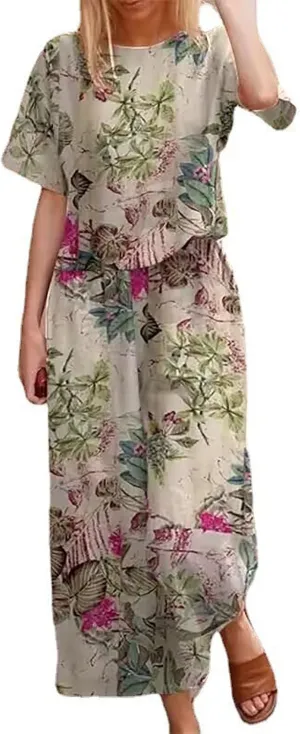 Women's 2 Piece Outfits Linen Short Sleeve Casual Sets Crewneck Tops Wide Leg Pants Summer Plus Size Lounge Suits