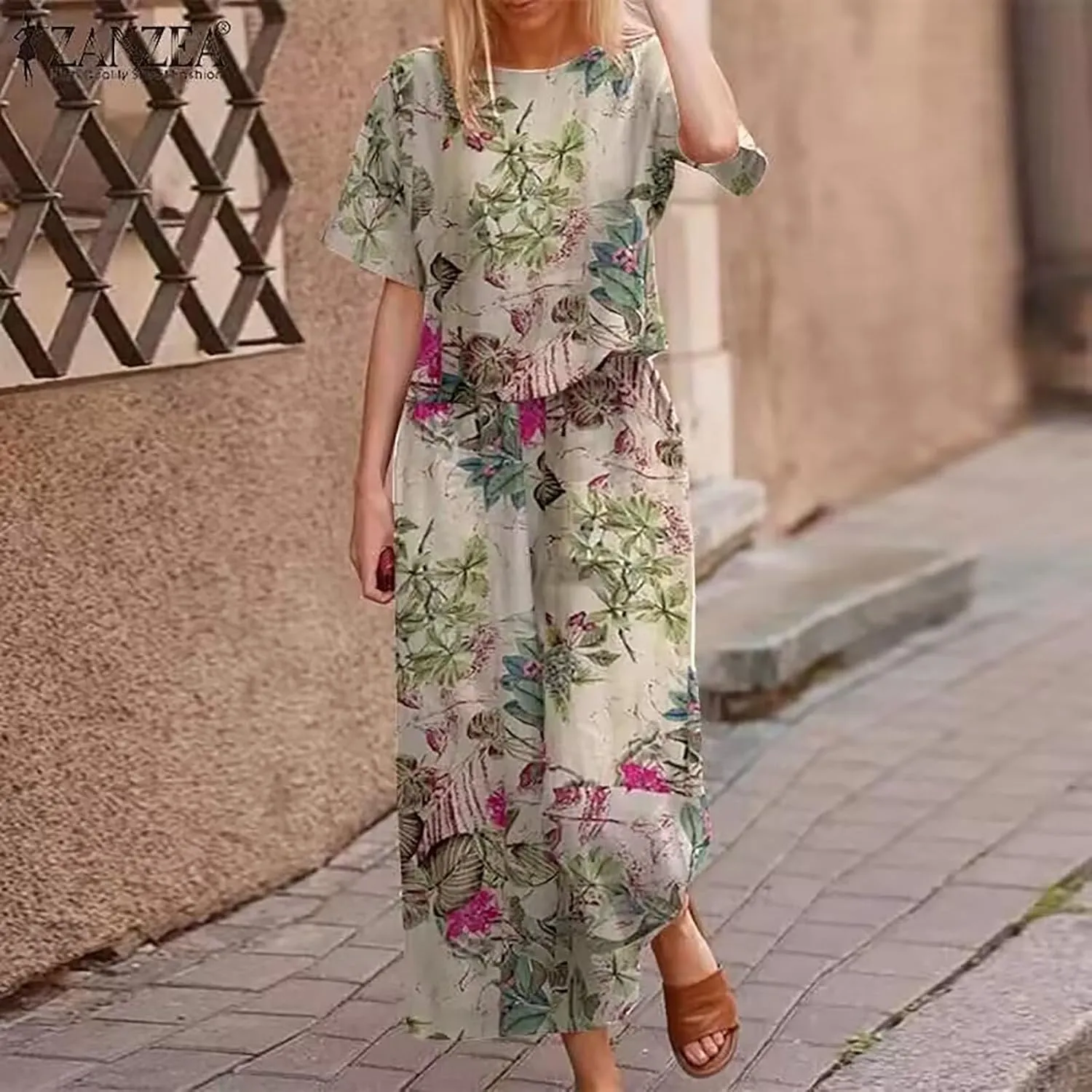 Women's 2 Piece Outfits Linen Short Sleeve Casual Sets Crewneck Tops Wide Leg Pants Summer Plus Size Lounge Suits