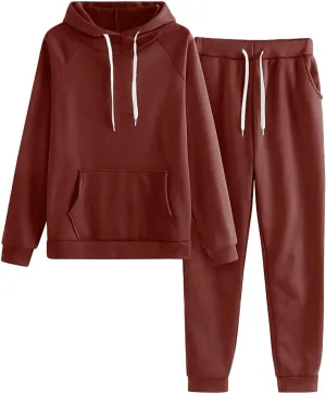 Womens 2 Piece Outfits Suit Solid Color Long Sleeved Hoodie Trousers Sweatershirt Sports Suit Warm Hooded Sport Suit