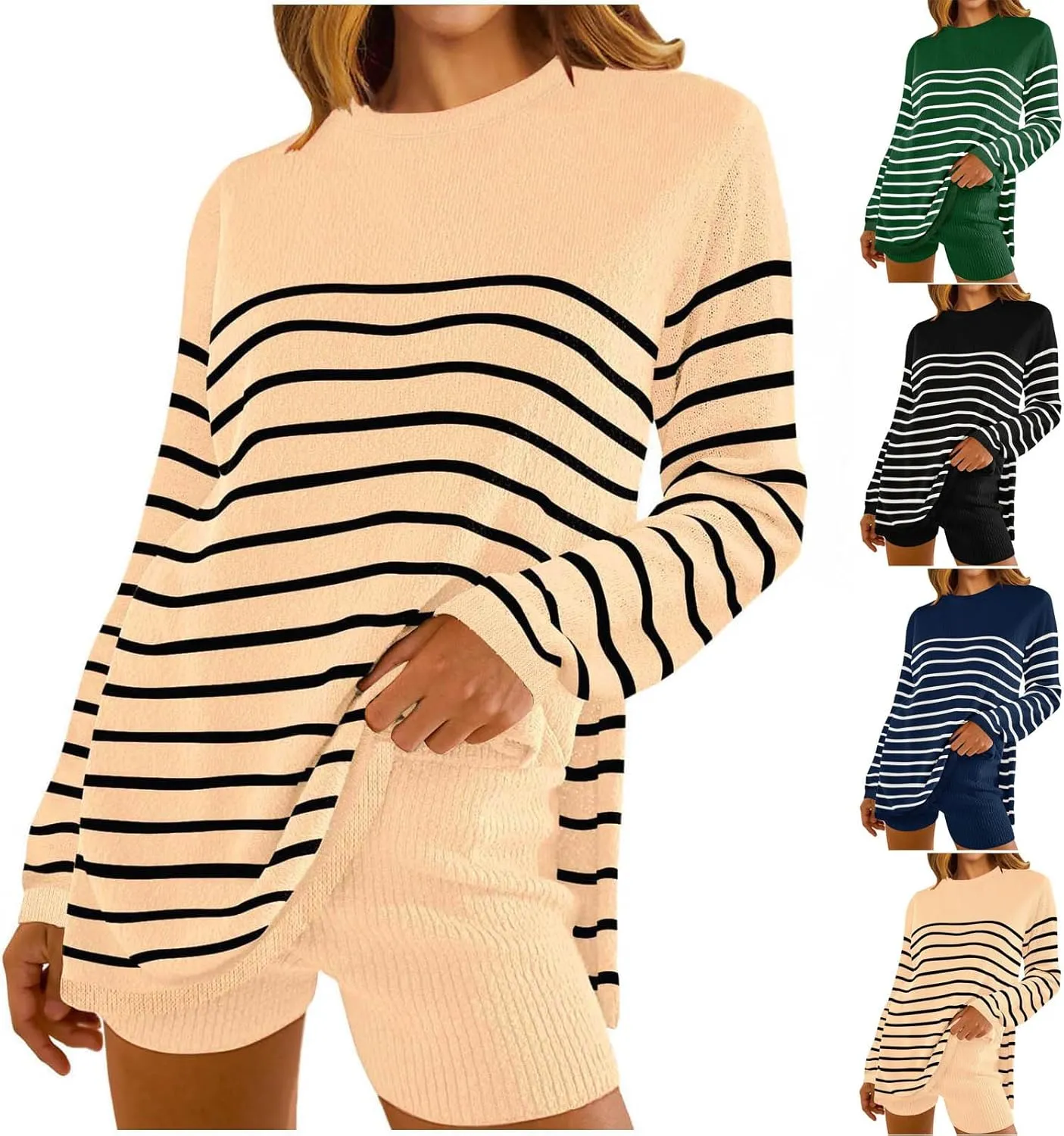 Womens 2 Piece Sweater Sets Long Sleeve Sweater Matching Short Pants Suit Plus Size Workout Sets Loungewear