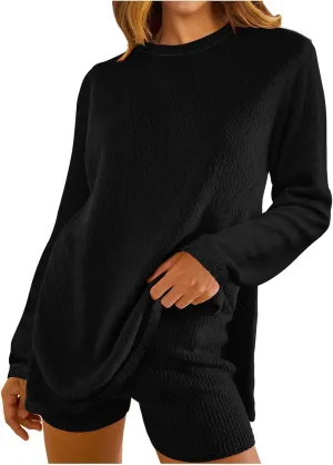 Womens 2 Piece Sweater Sets Long Sleeve Sweater Matching Short Pants Suit Plus Size Workout Sets Loungewear