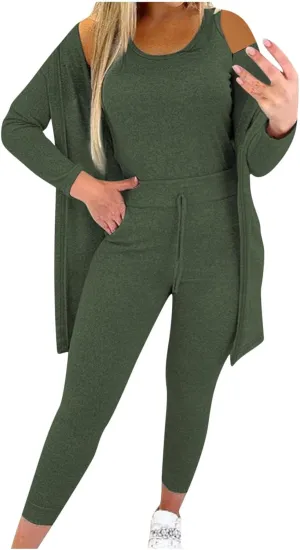 Women's 3 Piece Lounge Set Pajama Long Sleeve Cardigan Sleeveless Tank Top Pant Sweatsuit Soft Comfy Loungewear Outfit