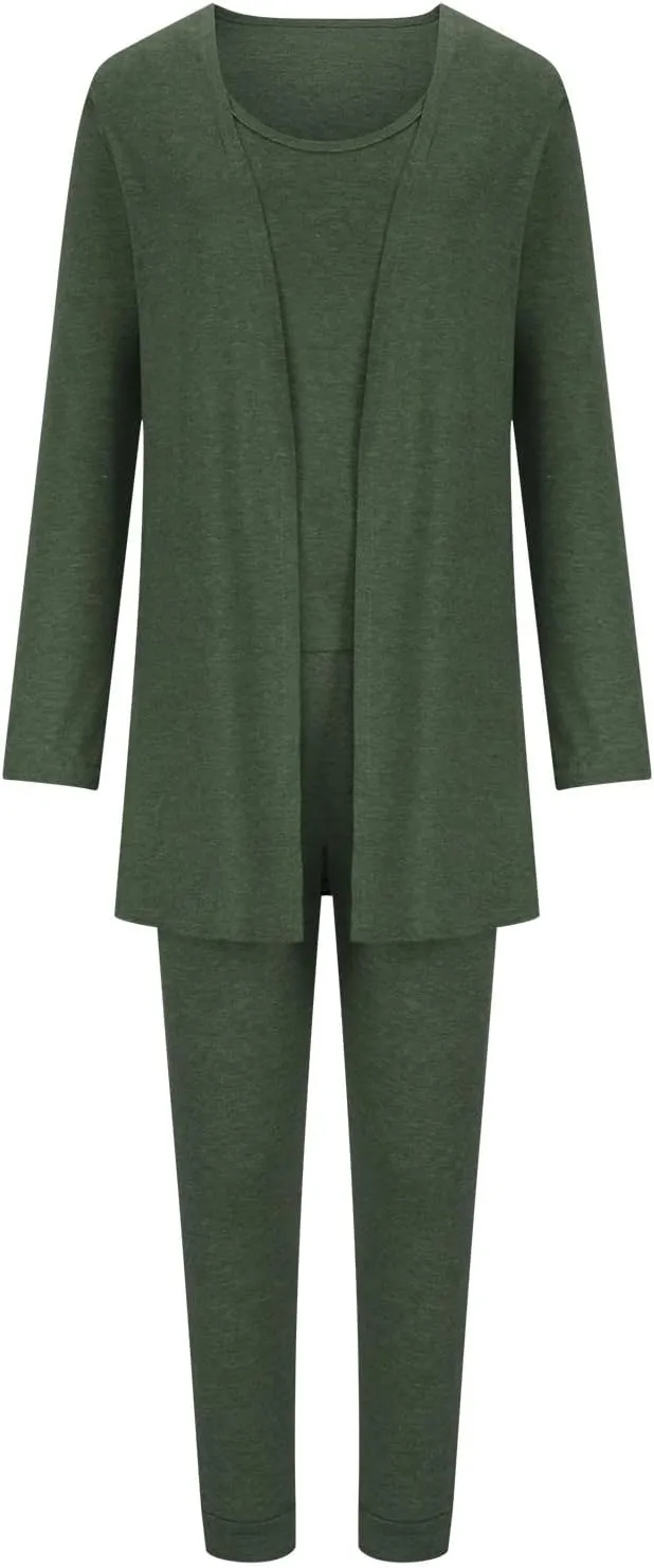 Women's 3 Piece Lounge Set Pajama Long Sleeve Cardigan Sleeveless Tank Top Pant Sweatsuit Soft Comfy Loungewear Outfit