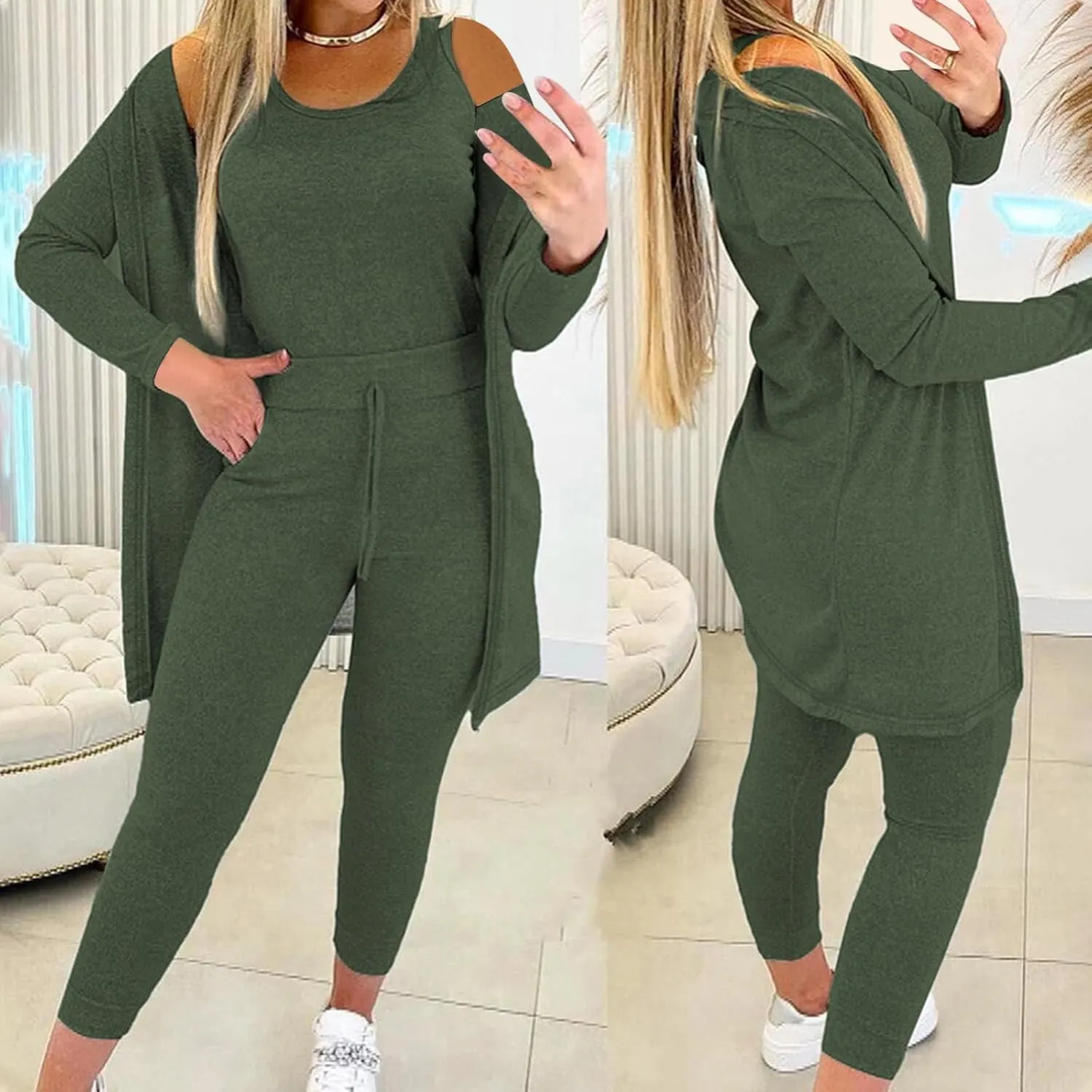 Women's 3 Piece Lounge Set Pajama Long Sleeve Cardigan Sleeveless Tank Top Pant Sweatsuit Soft Comfy Loungewear Outfit