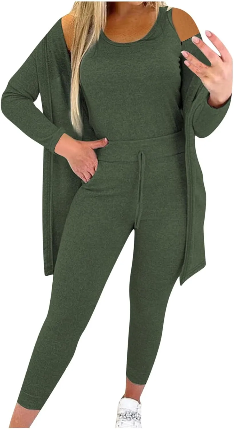 Women's 3 Piece Lounge Set Pajama Long Sleeve Cardigan Sleeveless Tank Top Pant Sweatsuit Soft Comfy Loungewear Outfit