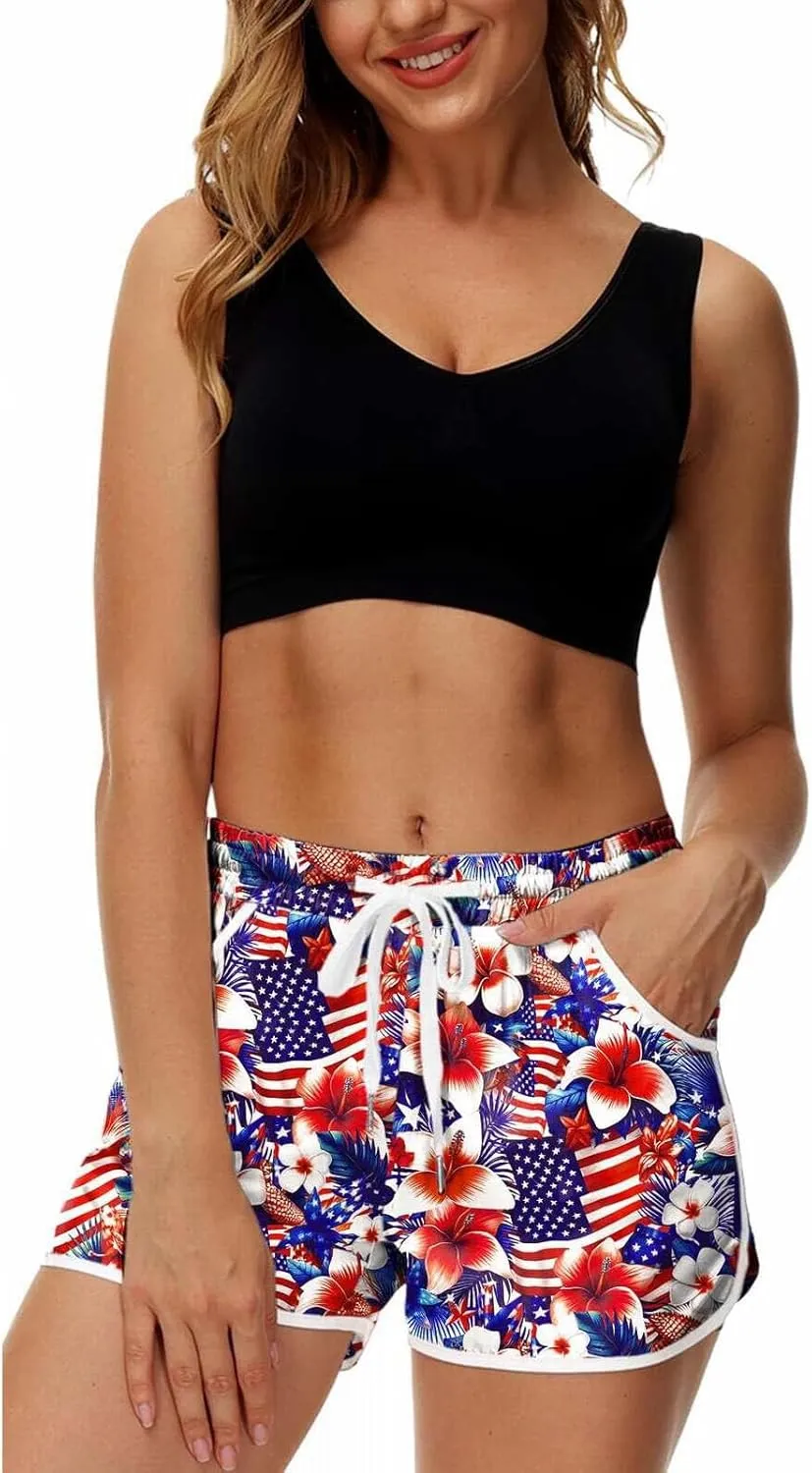 Womens Board Shorts 4th of July Hawaiian Tropical Patriotic American Flag Print Summer Beach Swim Trunks with Pockets