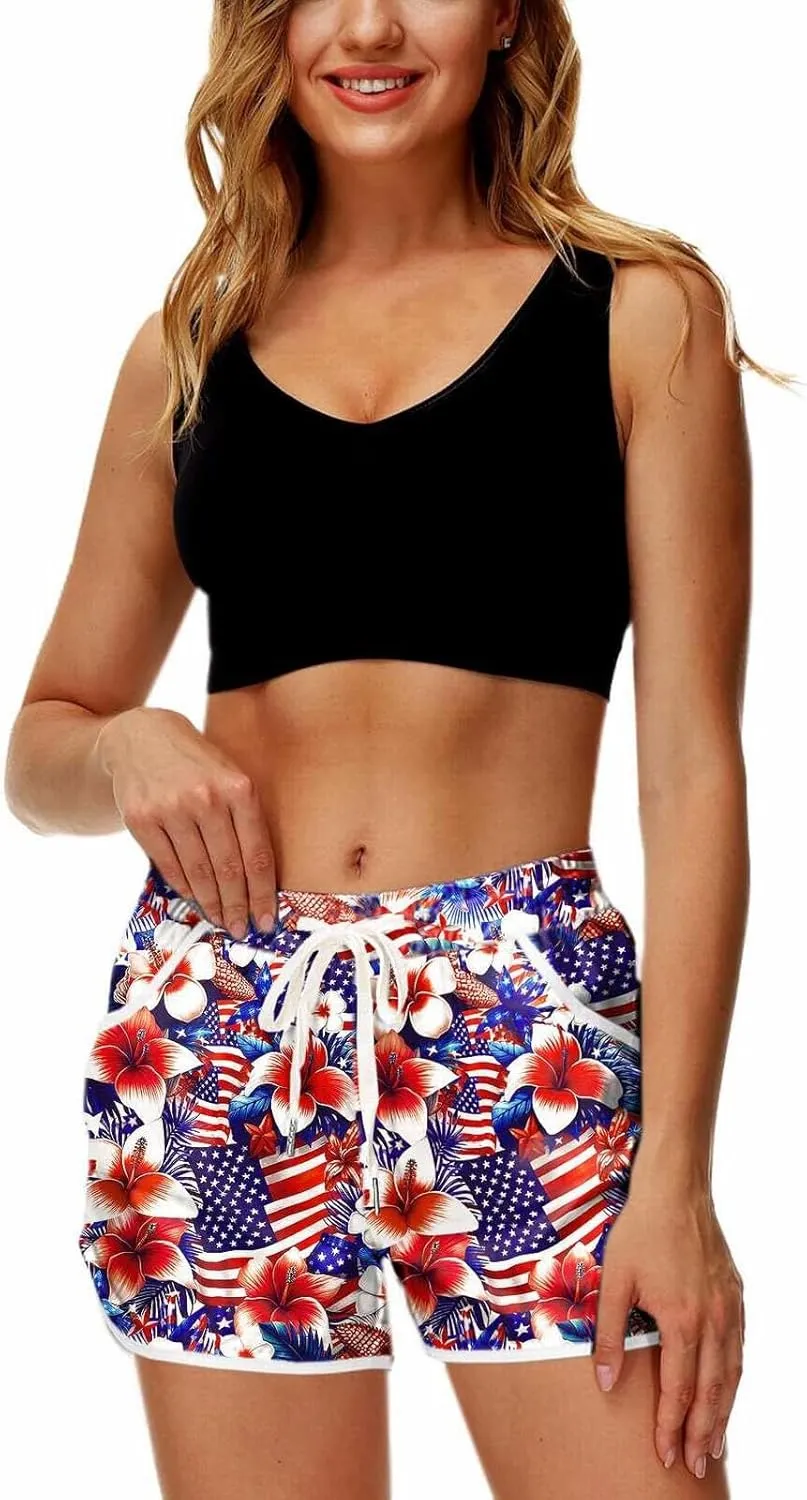 Womens Board Shorts 4th of July Hawaiian Tropical Patriotic American Flag Print Summer Beach Swim Trunks with Pockets