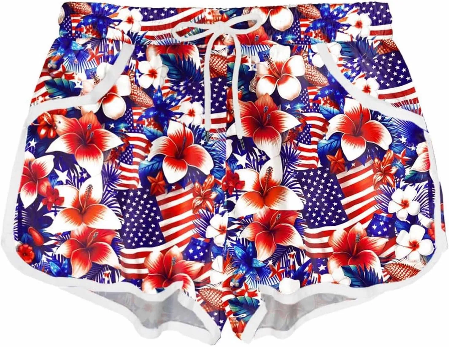 Womens Board Shorts 4th of July Hawaiian Tropical Patriotic American Flag Print Summer Beach Swim Trunks with Pockets