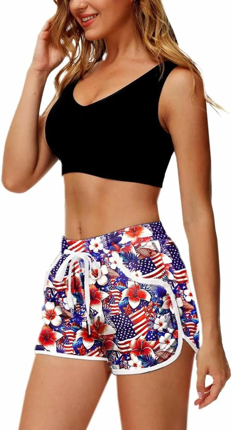 Womens Board Shorts 4th of July Hawaiian Tropical Patriotic American Flag Print Summer Beach Swim Trunks with Pockets