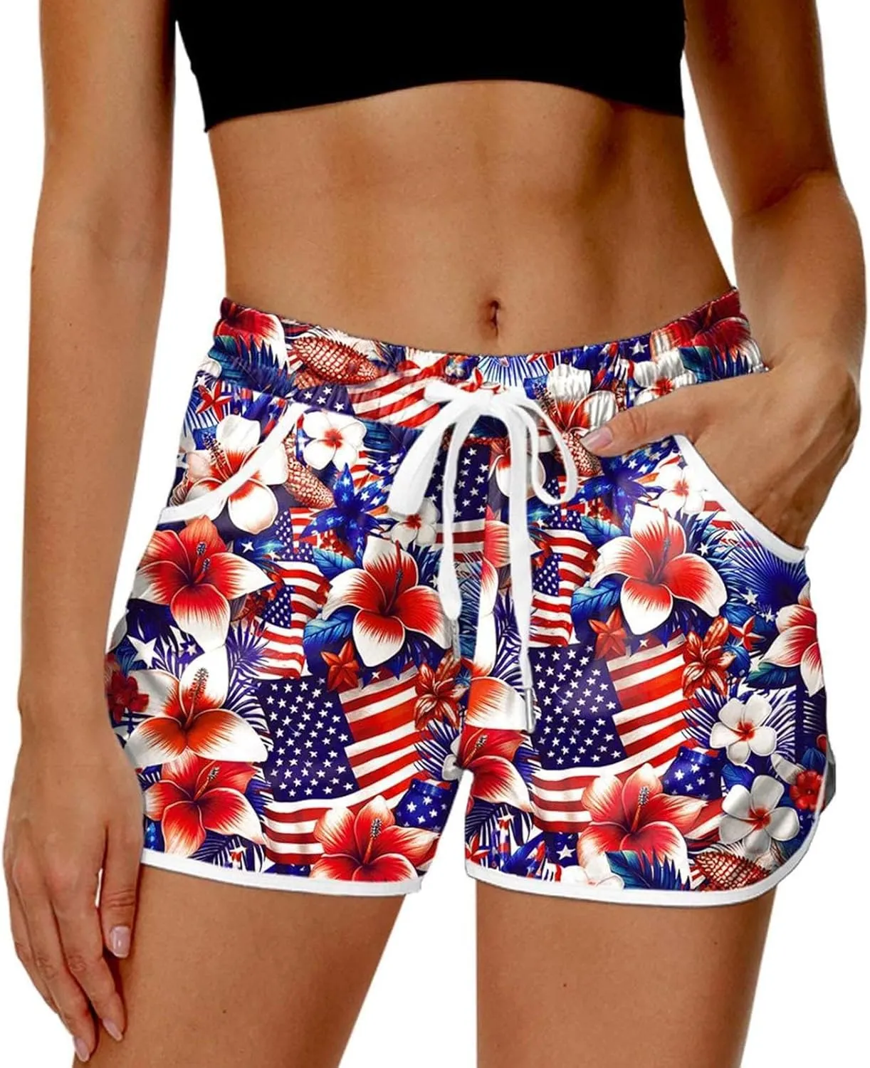 Womens Board Shorts 4th of July Hawaiian Tropical Patriotic American Flag Print Summer Beach Swim Trunks with Pockets