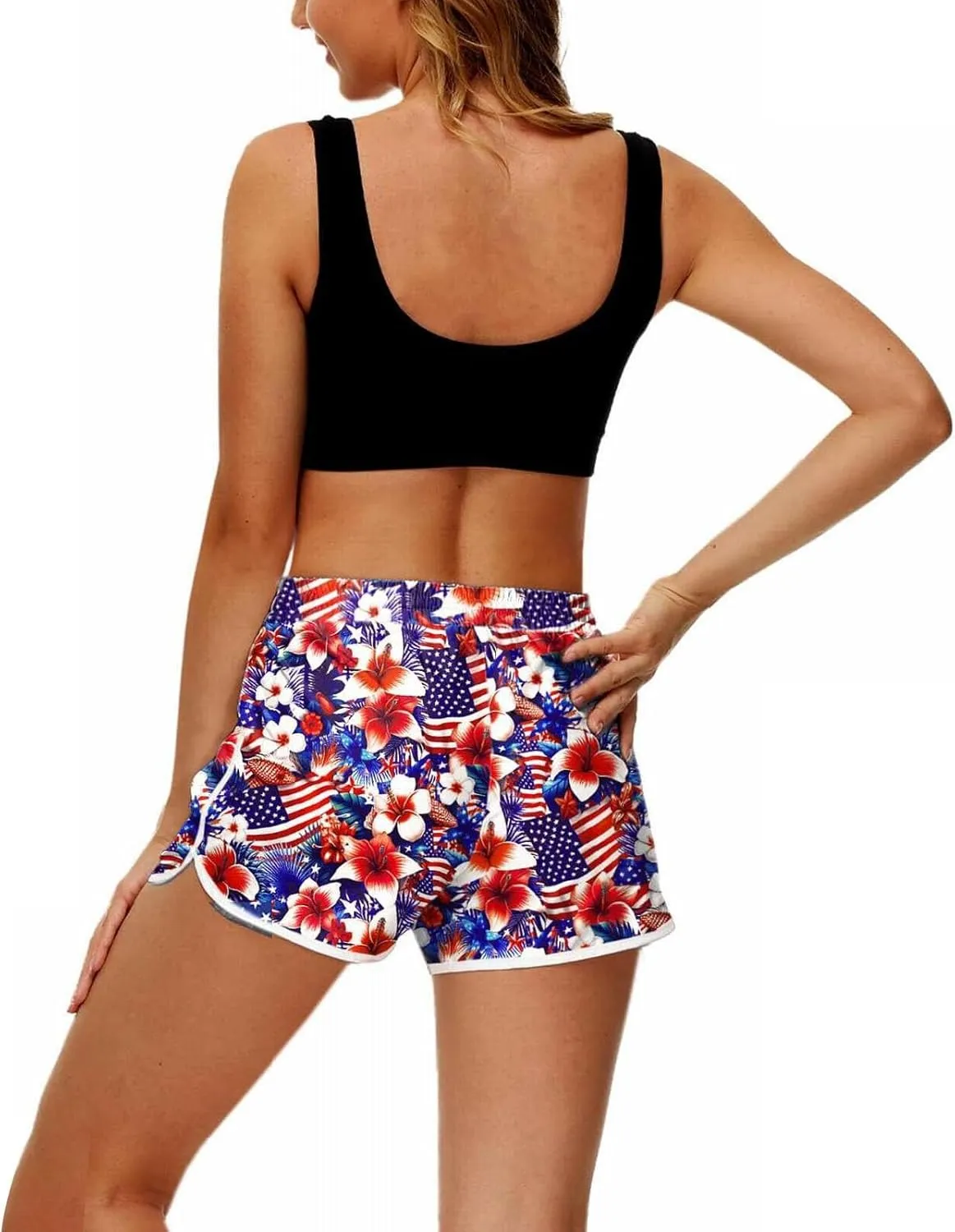 Womens Board Shorts 4th of July Hawaiian Tropical Patriotic American Flag Print Summer Beach Swim Trunks with Pockets