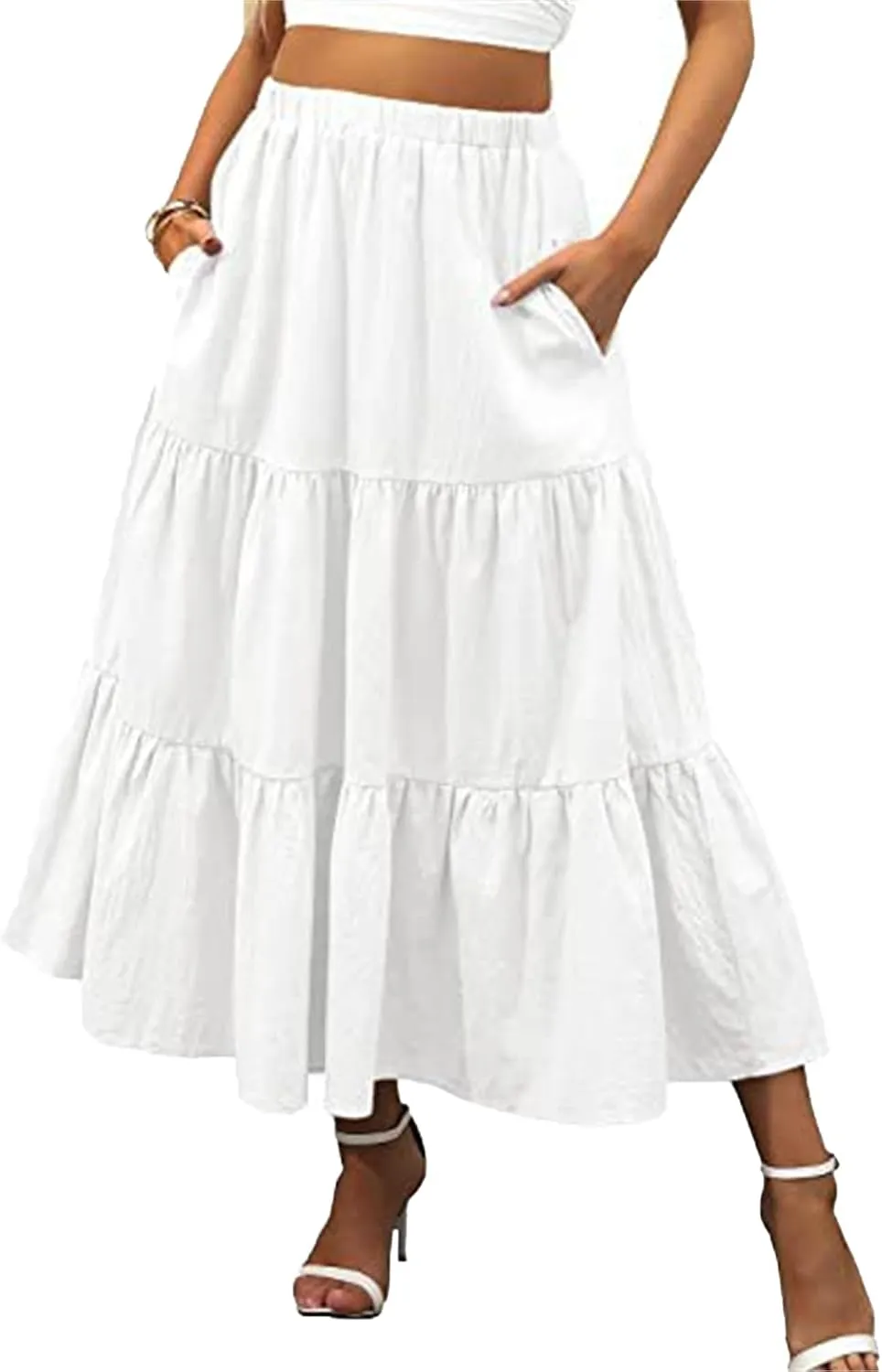 WomenS Boho Elastic Waist Maxi Skirt Dress Pleated A-Line Flowy Swing Tiered Long Beach Skirt Dress with Pockets