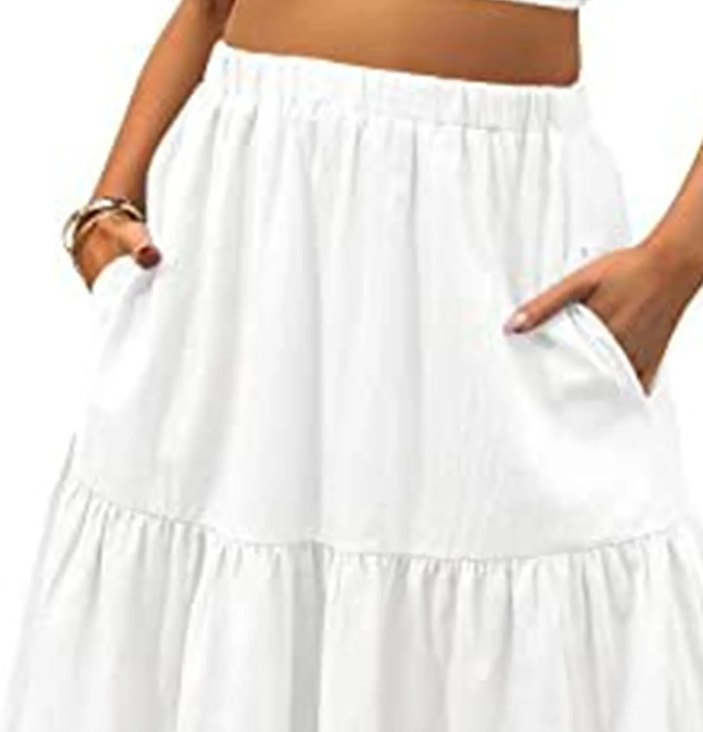WomenS Boho Elastic Waist Maxi Skirt Dress Pleated A-Line Flowy Swing Tiered Long Beach Skirt Dress with Pockets