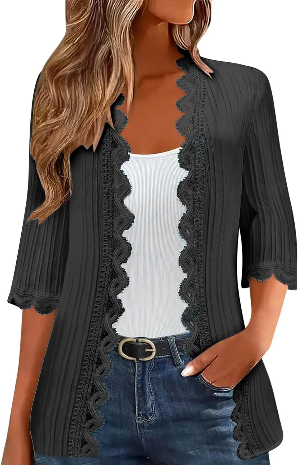Womens Casual 3/4 Sleeve Cardigan Tops 2025 Trendy Loose Open Front Shirts Fashion Solid Color Lace Blouse Outfits