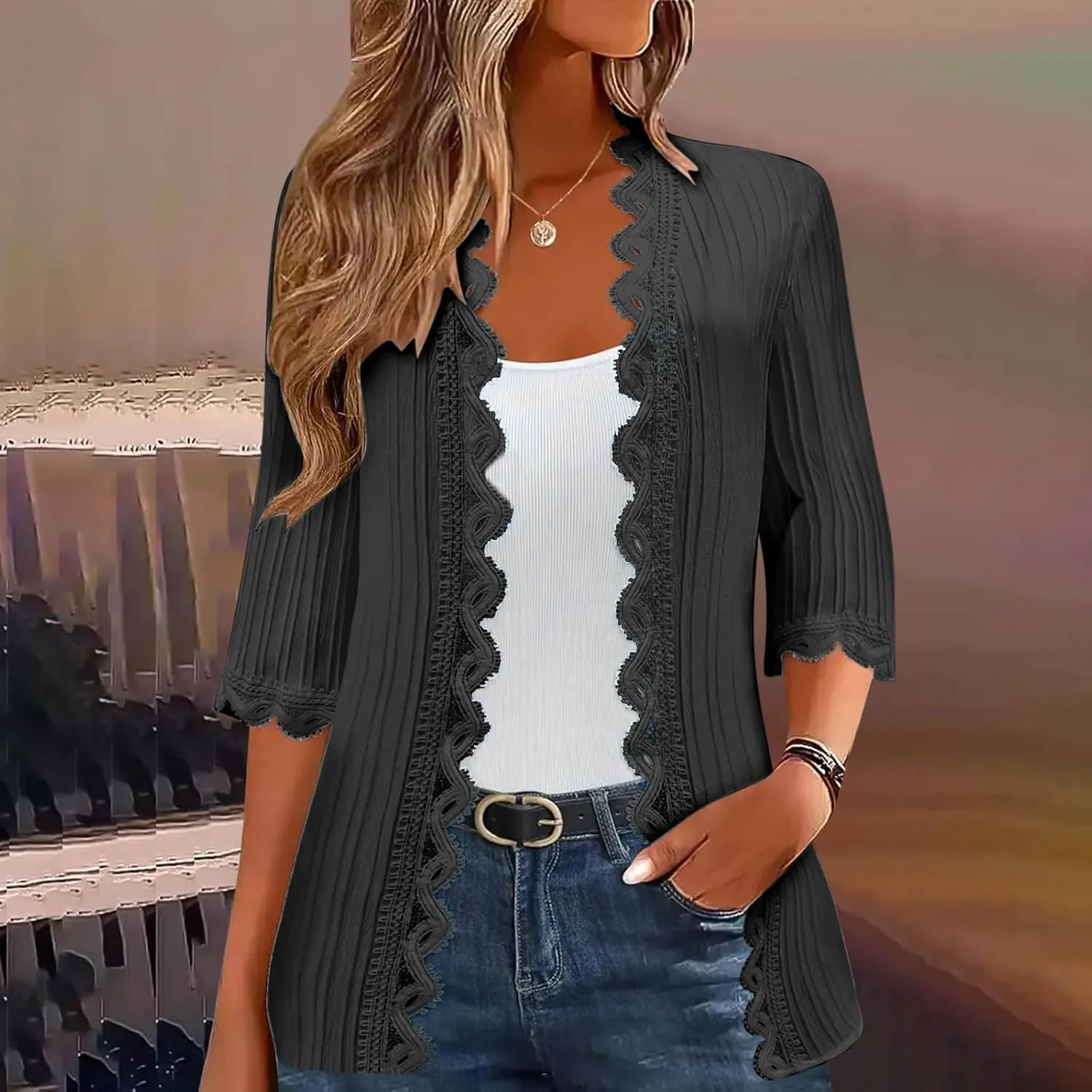 Womens Casual 3/4 Sleeve Cardigan Tops 2025 Trendy Loose Open Front Shirts Fashion Solid Color Lace Blouse Outfits
