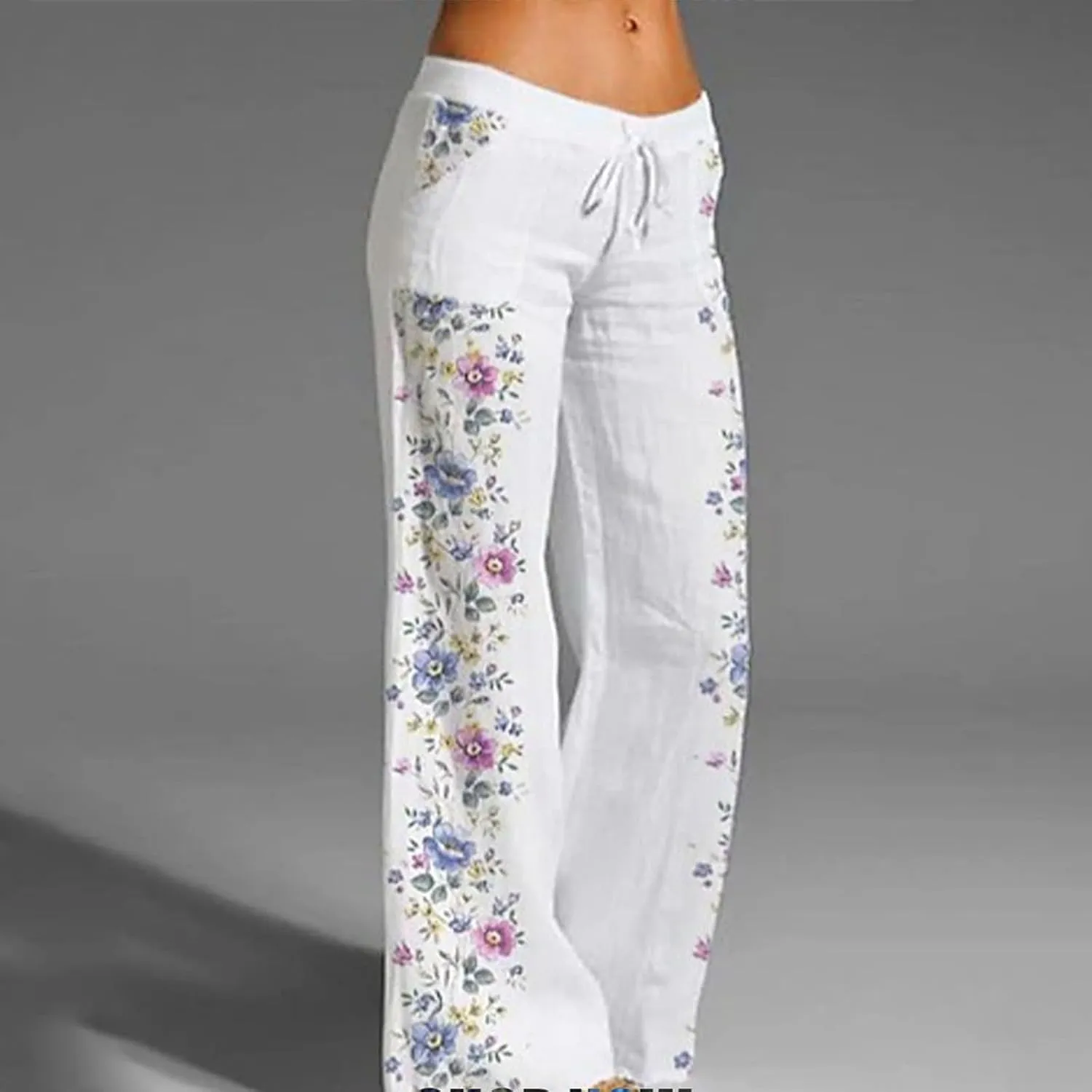 Women's Casual High Waist Pants Linen Boho Floral Wide Leg Lightweight Lounge Pant Flowy Summer Beach Cool Trousers