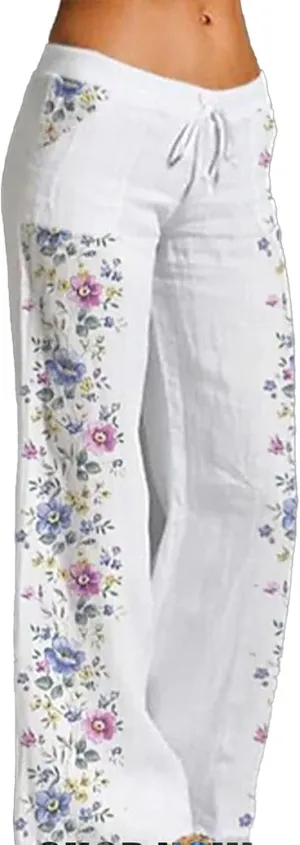 Women's Casual High Waist Pants Linen Boho Floral Wide Leg Lightweight Lounge Pant Flowy Summer Beach Cool Trousers
