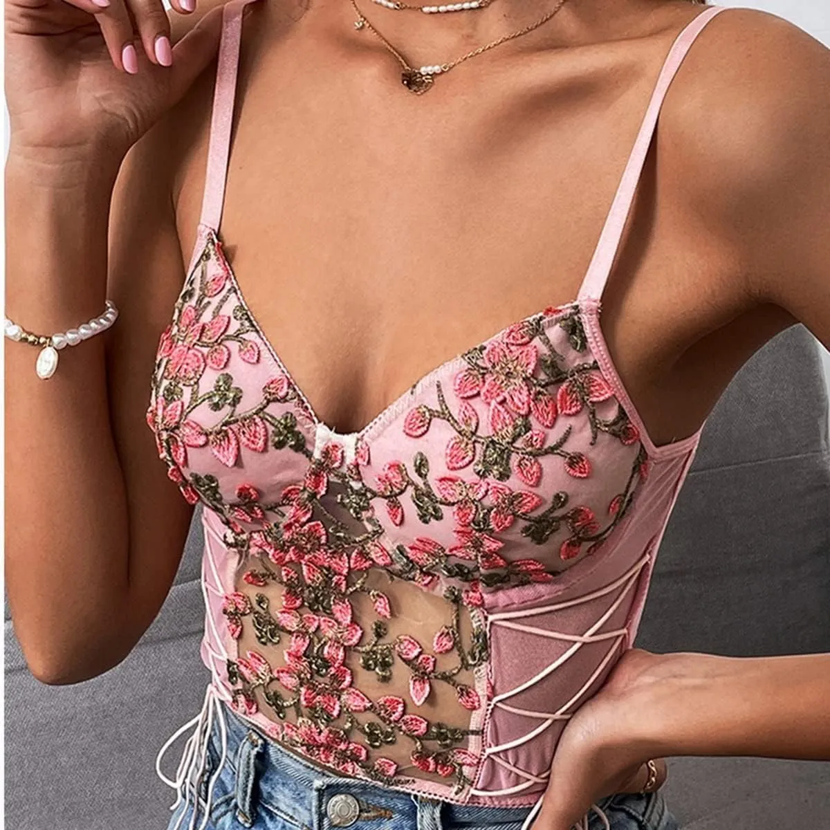 Women's Floral Lace Cami Crop Top Spaghetti Strap Sheer Mesh Corset Bustier Tops Bralette