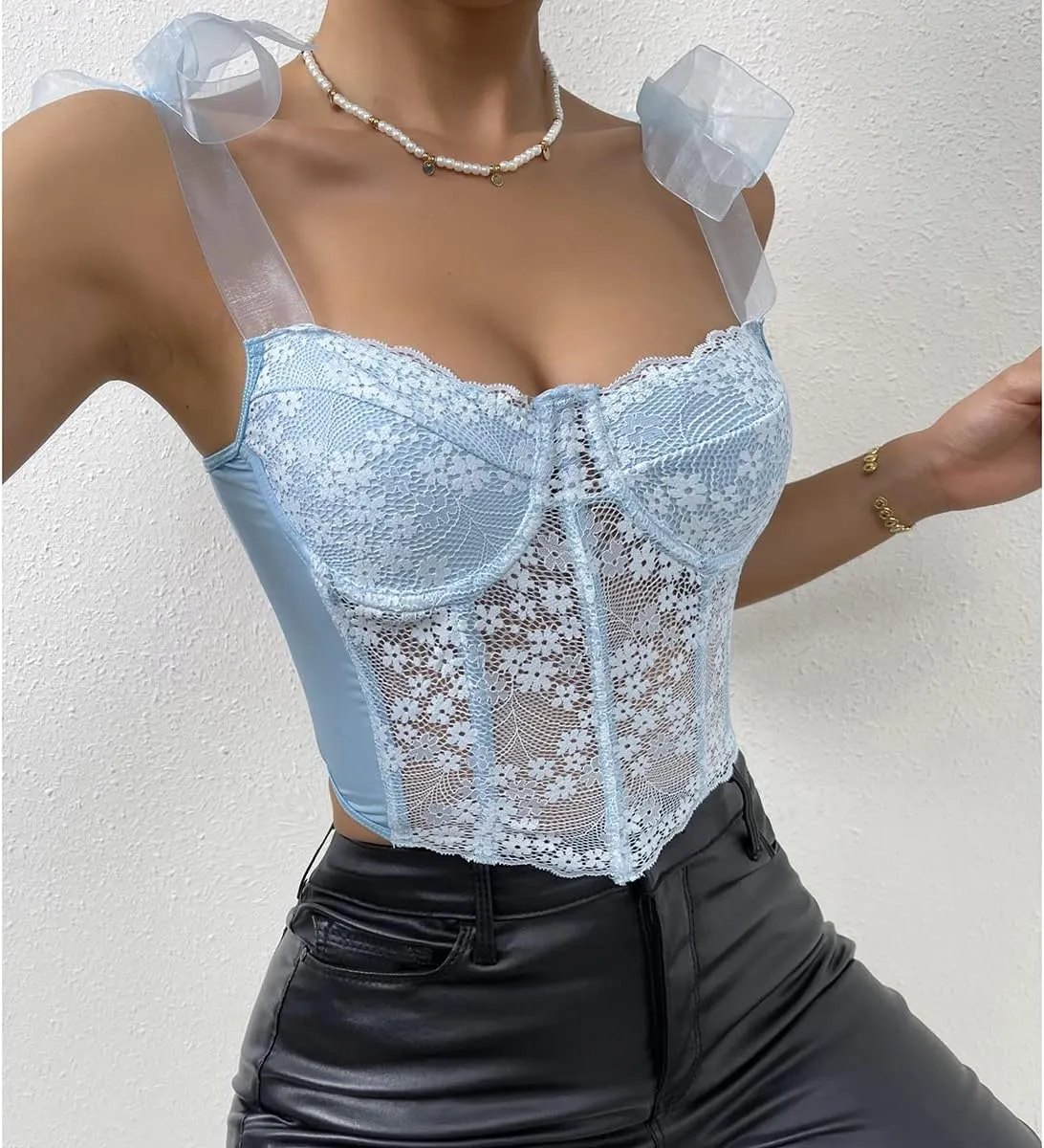 Women's Floral Lace Cami Crop Top Spaghetti Strap Sheer Mesh Corset Bustier Tops Bralette