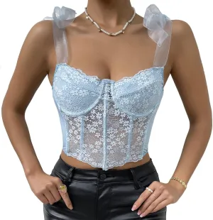 Women's Floral Lace Cami Crop Top Spaghetti Strap Sheer Mesh Corset Bustier Tops Bralette