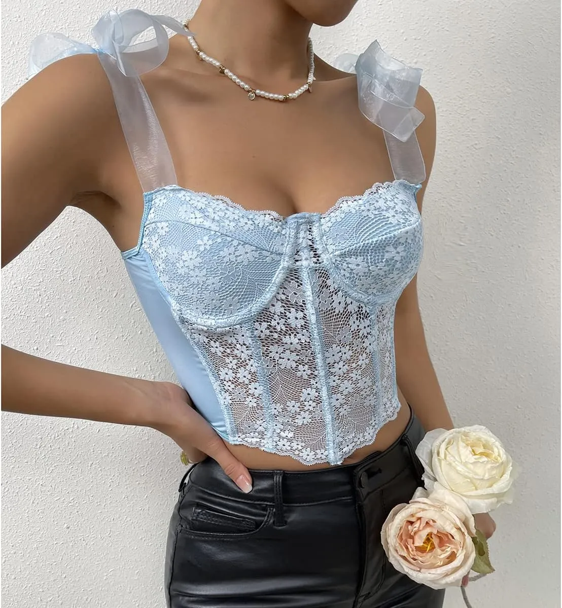 Women's Floral Lace Cami Crop Top Spaghetti Strap Sheer Mesh Corset Bustier Tops Bralette
