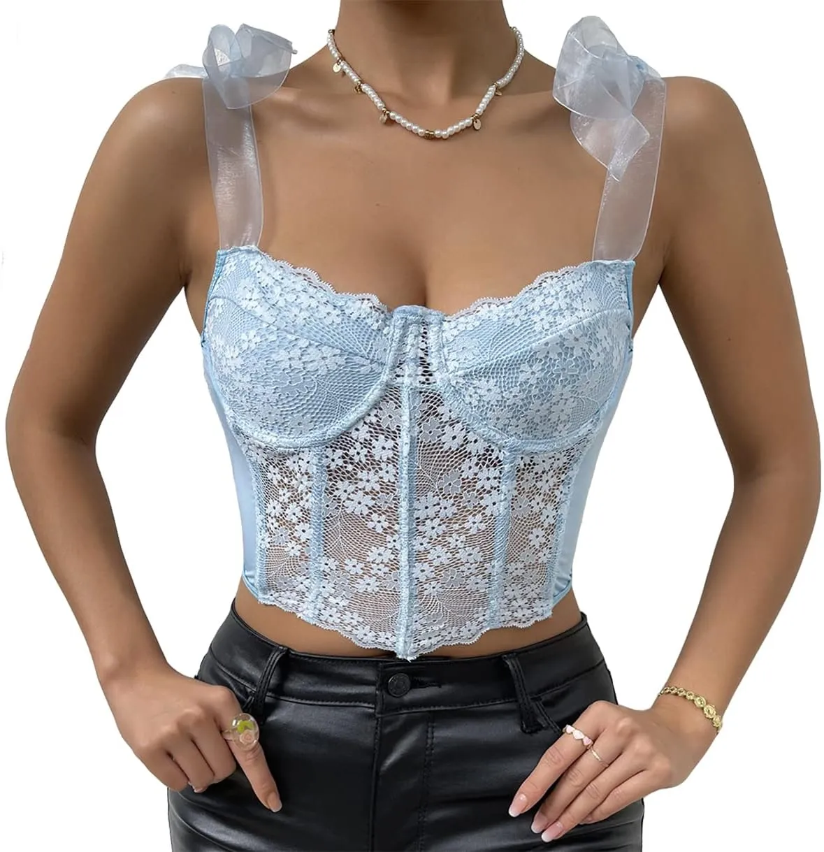 Women's Floral Lace Cami Crop Top Spaghetti Strap Sheer Mesh Corset Bustier Tops Bralette
