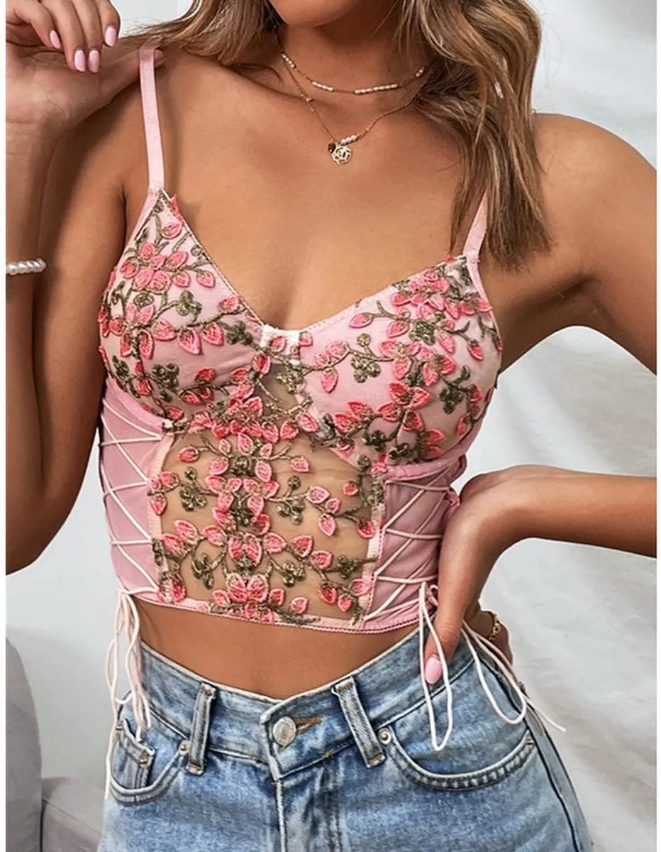 Women's Floral Lace Cami Crop Top Spaghetti Strap Sheer Mesh Corset Bustier Tops Bralette