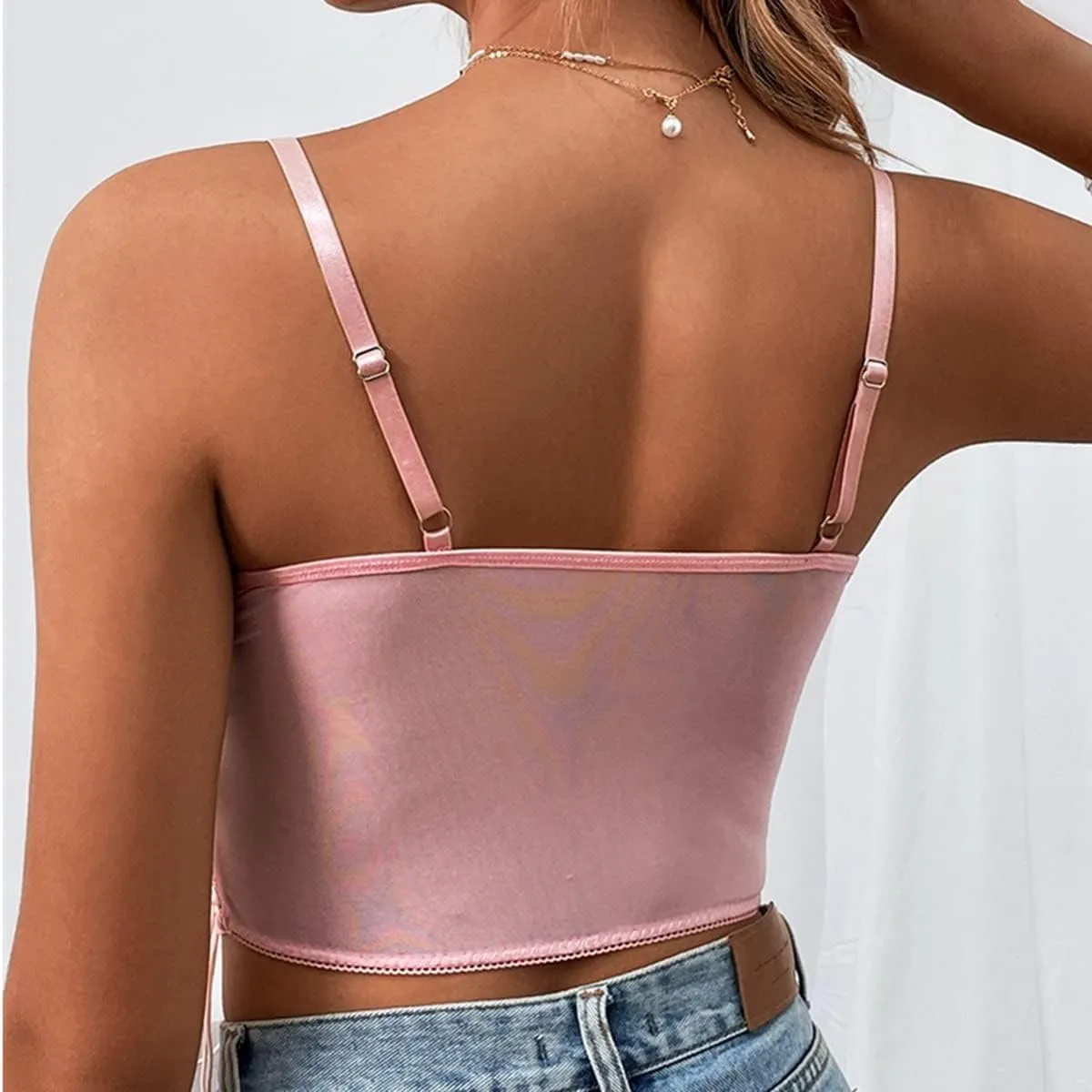 Women's Floral Lace Cami Crop Top Spaghetti Strap Sheer Mesh Corset Bustier Tops Bralette