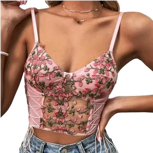 Women's Floral Lace Cami Crop Top Spaghetti Strap Sheer Mesh Corset Bustier Tops Bralette