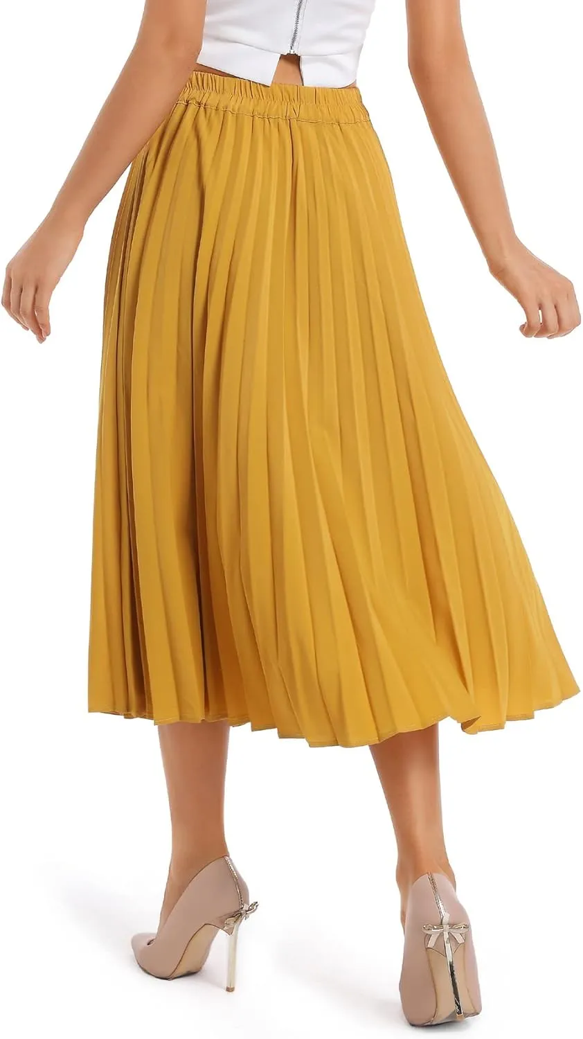 Women's High Elastic Waist Pleated Skirt Midi Long Swing A-line Skirts