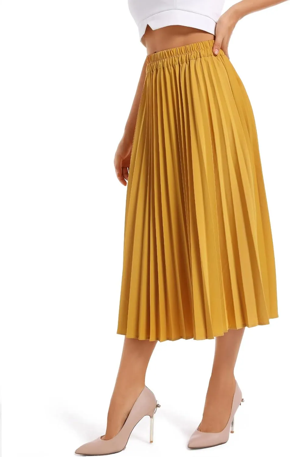 Women's High Elastic Waist Pleated Skirt Midi Long Swing A-line Skirts