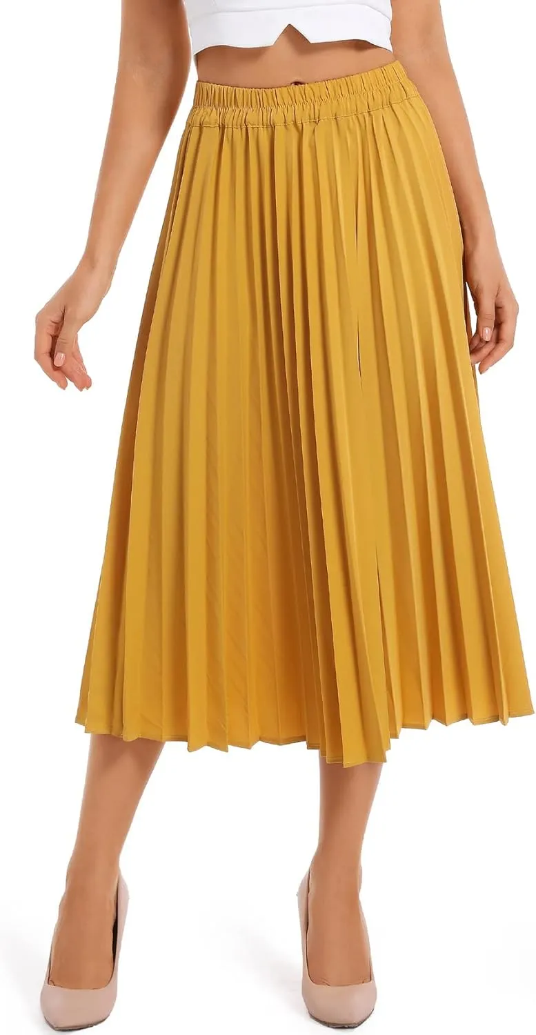 Women's High Elastic Waist Pleated Skirt Midi Long Swing A-line Skirts