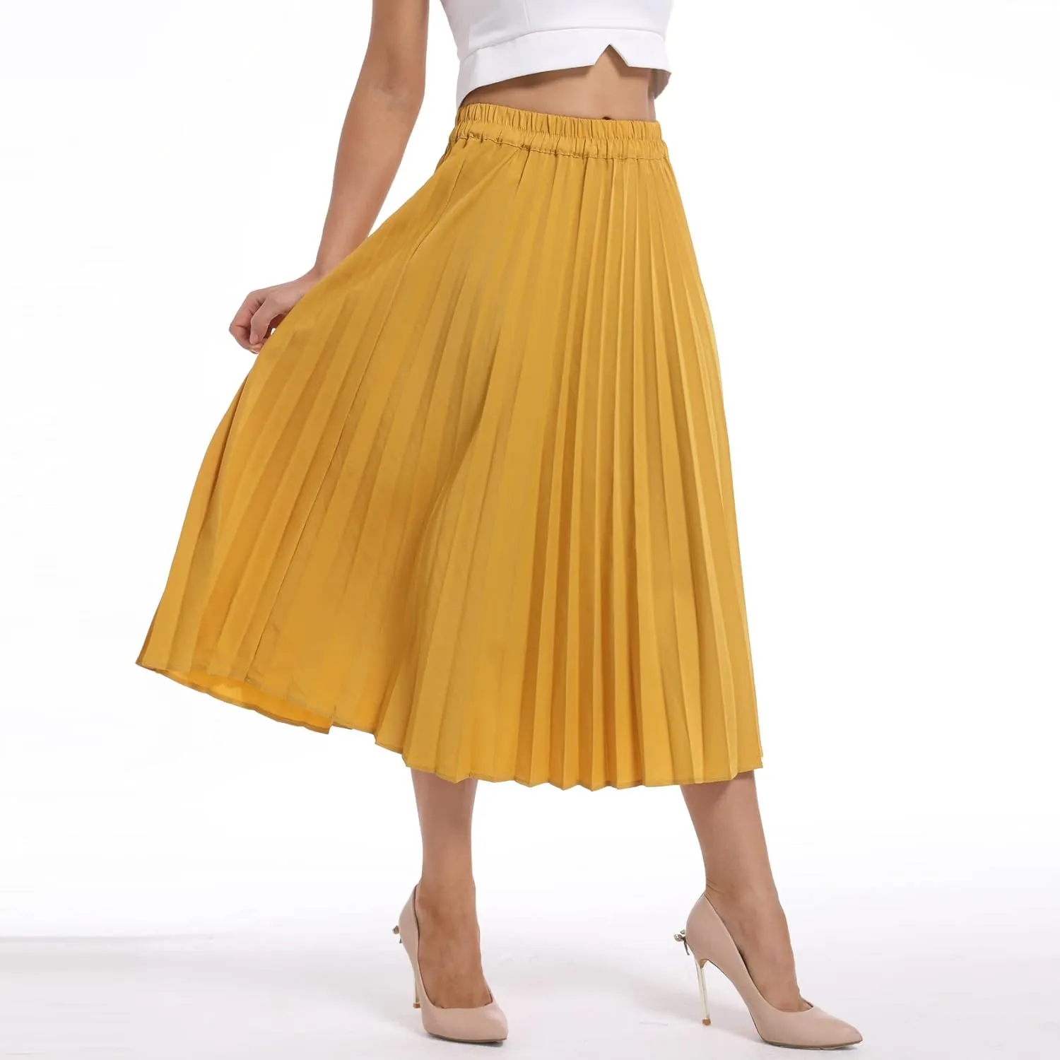 Women's High Elastic Waist Pleated Skirt Midi Long Swing A-line Skirts
