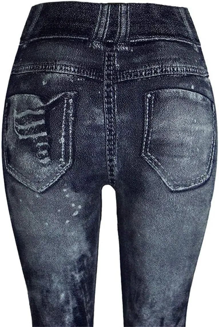 Womens High Waist Seamless Leggings Denim Print Fake Jeans Tights Elastic Slim Fit Gym Yoga Pants