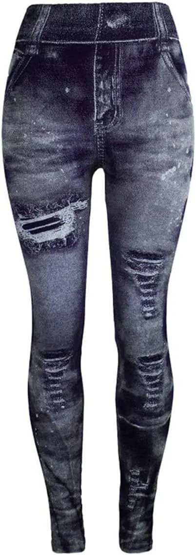 Womens High Waist Seamless Leggings Denim Print Fake Jeans Tights Elastic Slim Fit Gym Yoga Pants