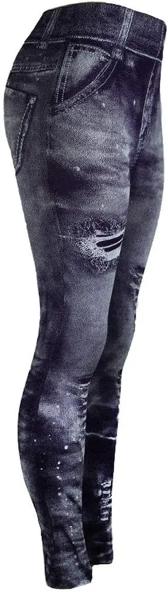 Womens High Waist Seamless Leggings Denim Print Fake Jeans Tights Elastic Slim Fit Gym Yoga Pants