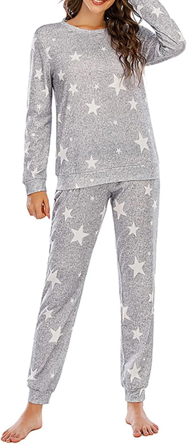 Womens Jogger Pajama Sets Long Sleeve Sleepwear Round Neck Nightwear Soft Pjs Lounge Set Loungewear with Pockets