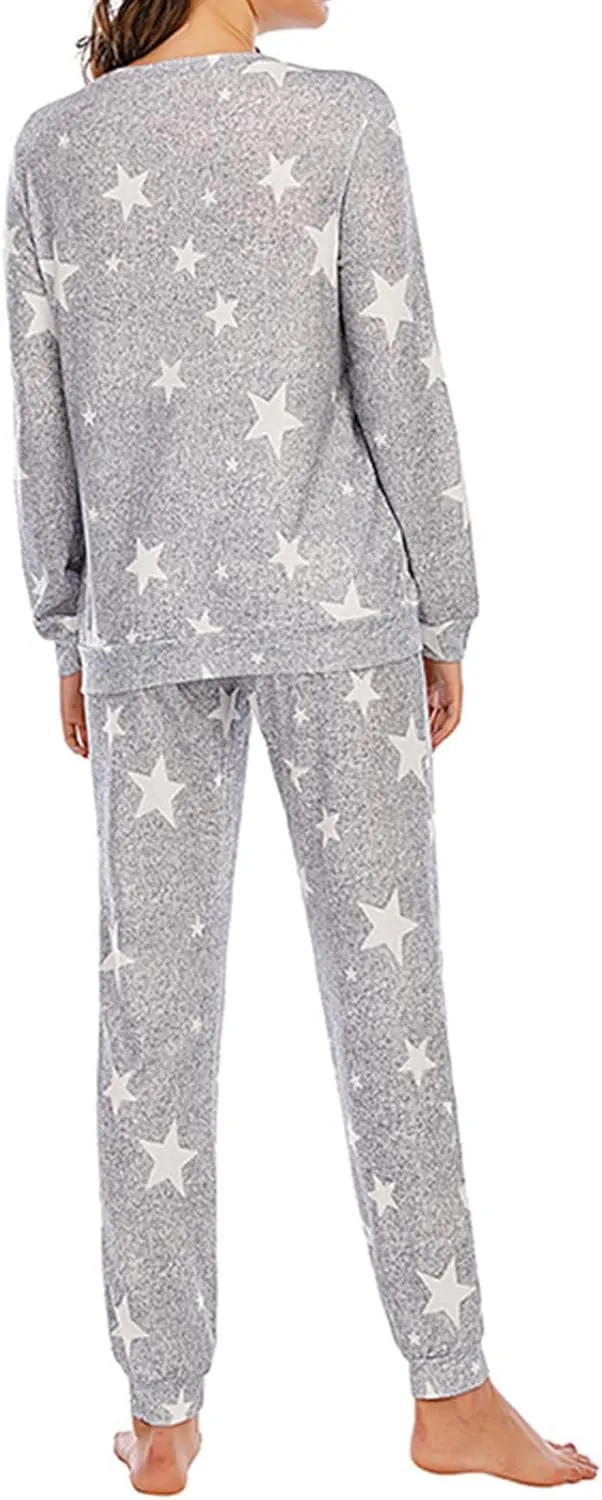 Womens Jogger Pajama Sets Long Sleeve Sleepwear Round Neck Nightwear Soft Pjs Lounge Set Loungewear with Pockets