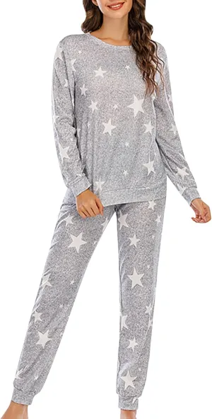 Womens Jogger Pajama Sets Long Sleeve Sleepwear Round Neck Nightwear Soft Pjs Lounge Set Loungewear with Pockets