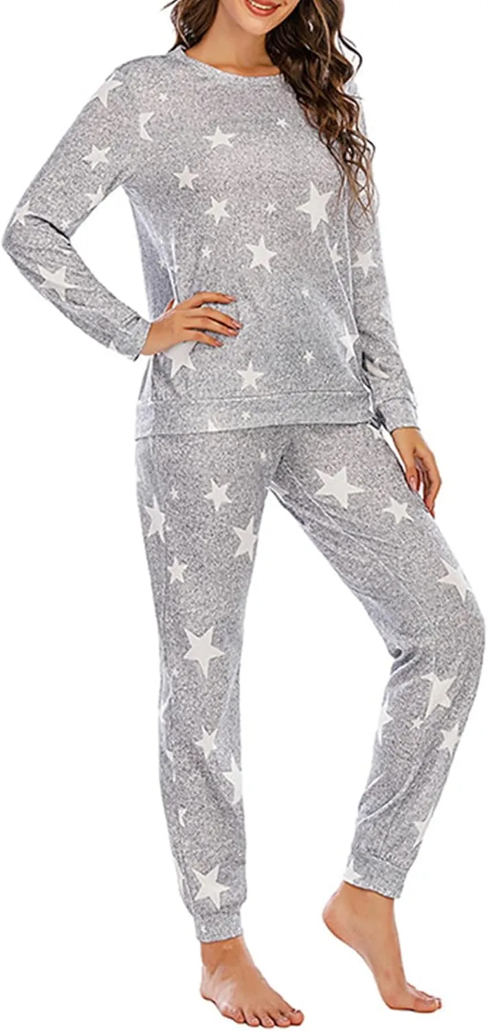 Womens Jogger Pajama Sets Long Sleeve Sleepwear Round Neck Nightwear Soft Pjs Lounge Set Loungewear with Pockets