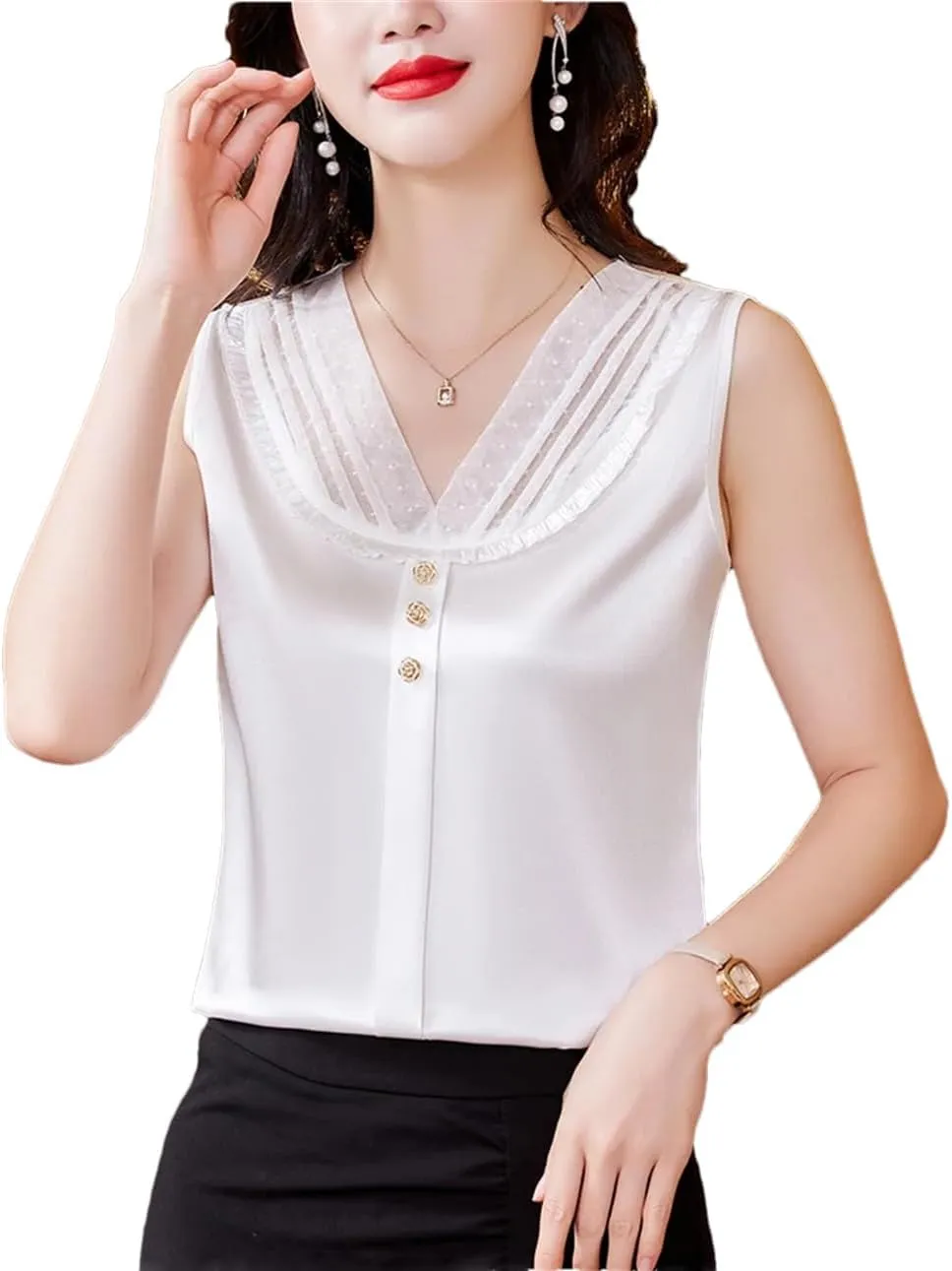 Women's Lace Tank Top Spring Summer Silk Satin Vest Shirt V Neck Casual Sleeveless Camisole