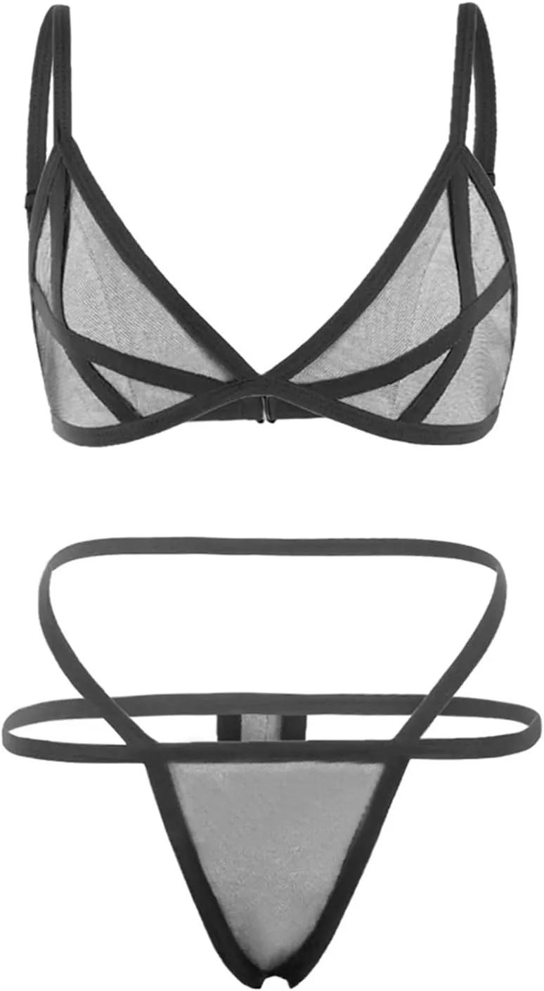 Women's Lingerie Backless Teddy Bodysuit Two Piece Sheer Bralette Strappy Embroidered Bra Panty Set