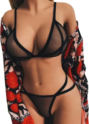 Women's Lingerie Backless Teddy Bodysuit Two Piece Sheer Bralette Strappy Embroidered Bra Panty Set