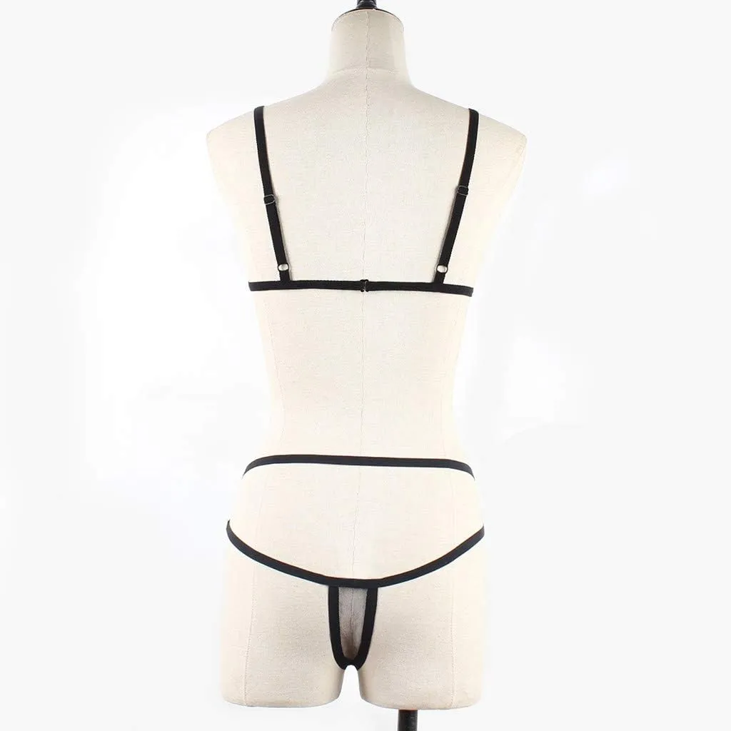 Women's Lingerie Backless Teddy Bodysuit Two Piece Sheer Bralette Strappy Embroidered Bra Panty Set