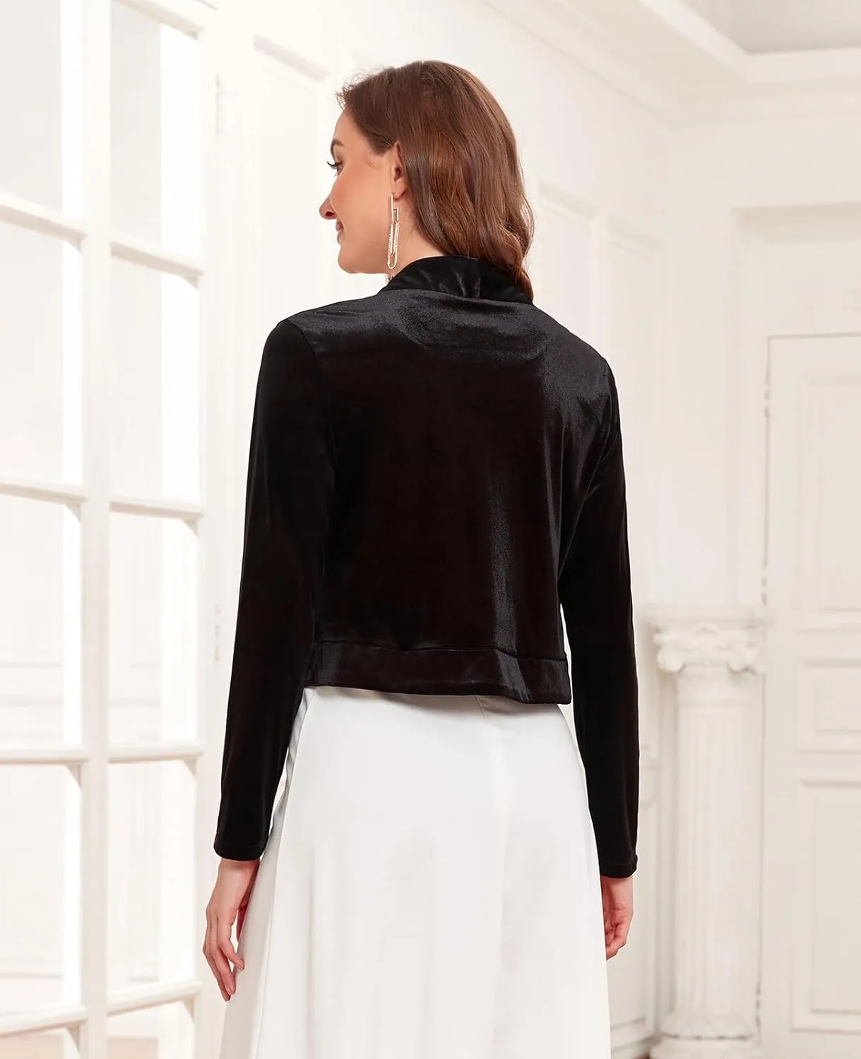 Women's Long Sleeve Velvet Shrug for Dresses Cocktail Party Open Front Cropped Bolero Cardigan Top