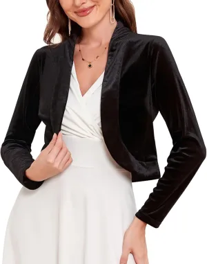 Women's Long Sleeve Velvet Shrug for Dresses Cocktail Party Open Front Cropped Bolero Cardigan Top