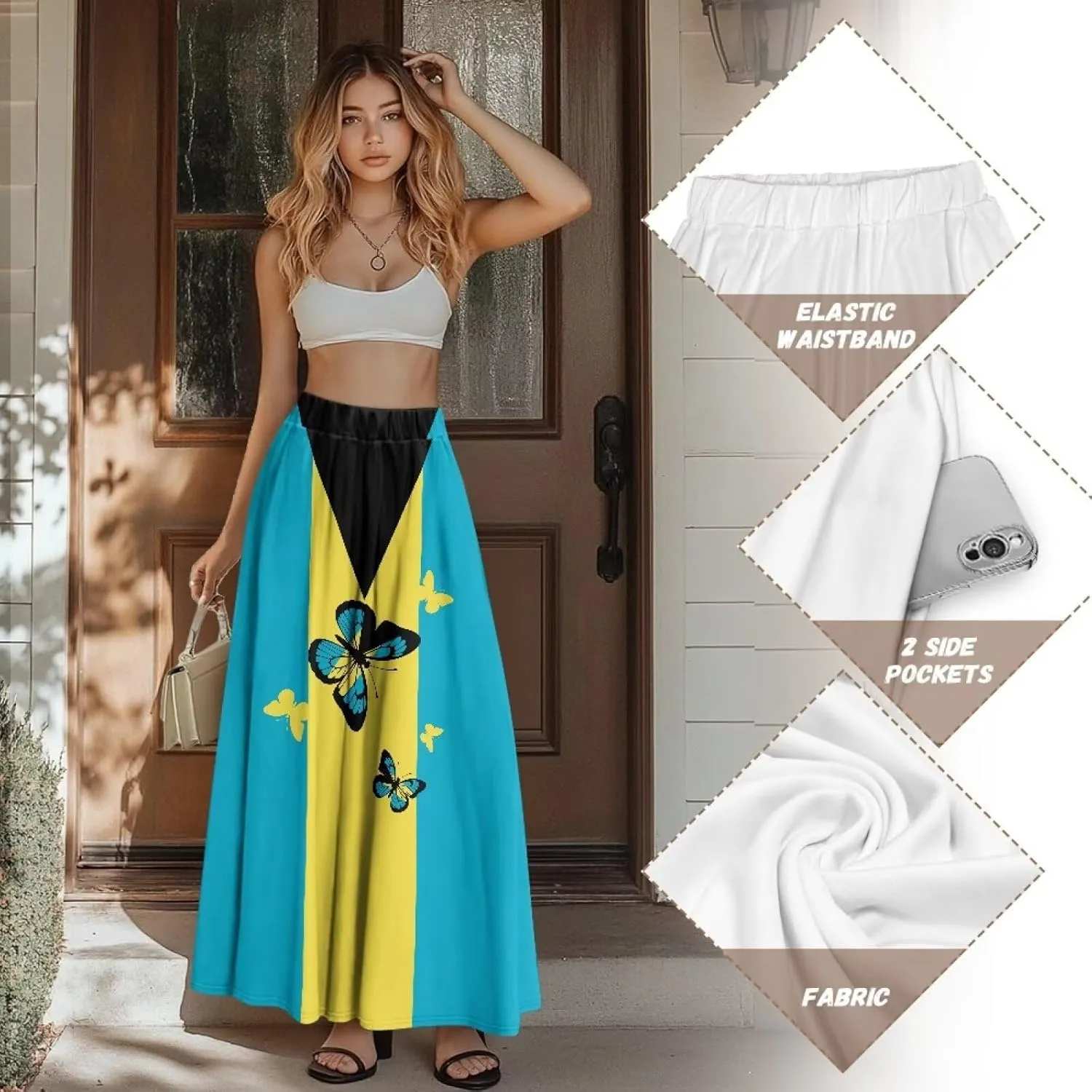 Women's Midi Skirt Elastic Pleated Long Skirts for Women Trendy with Pocket s-2xl