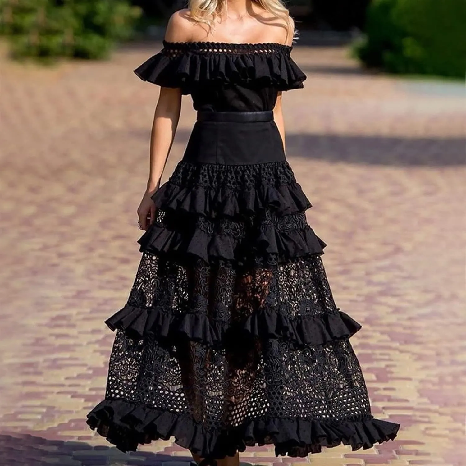 Women's Off Shoulder Ruffle Lace Maxi Dress Tiered A-Line Elegant Wedding Party Dresses for Women