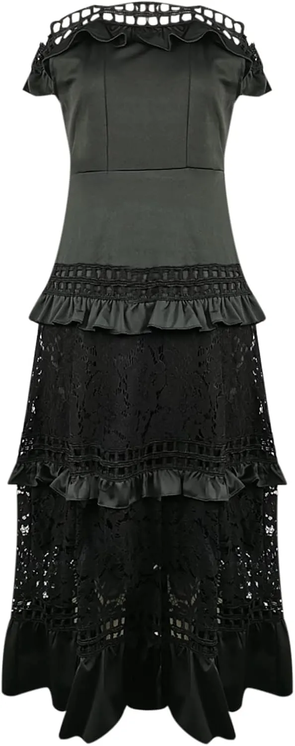 Women's Off Shoulder Ruffle Lace Maxi Dress Tiered A-Line Elegant Wedding Party Dresses for Women